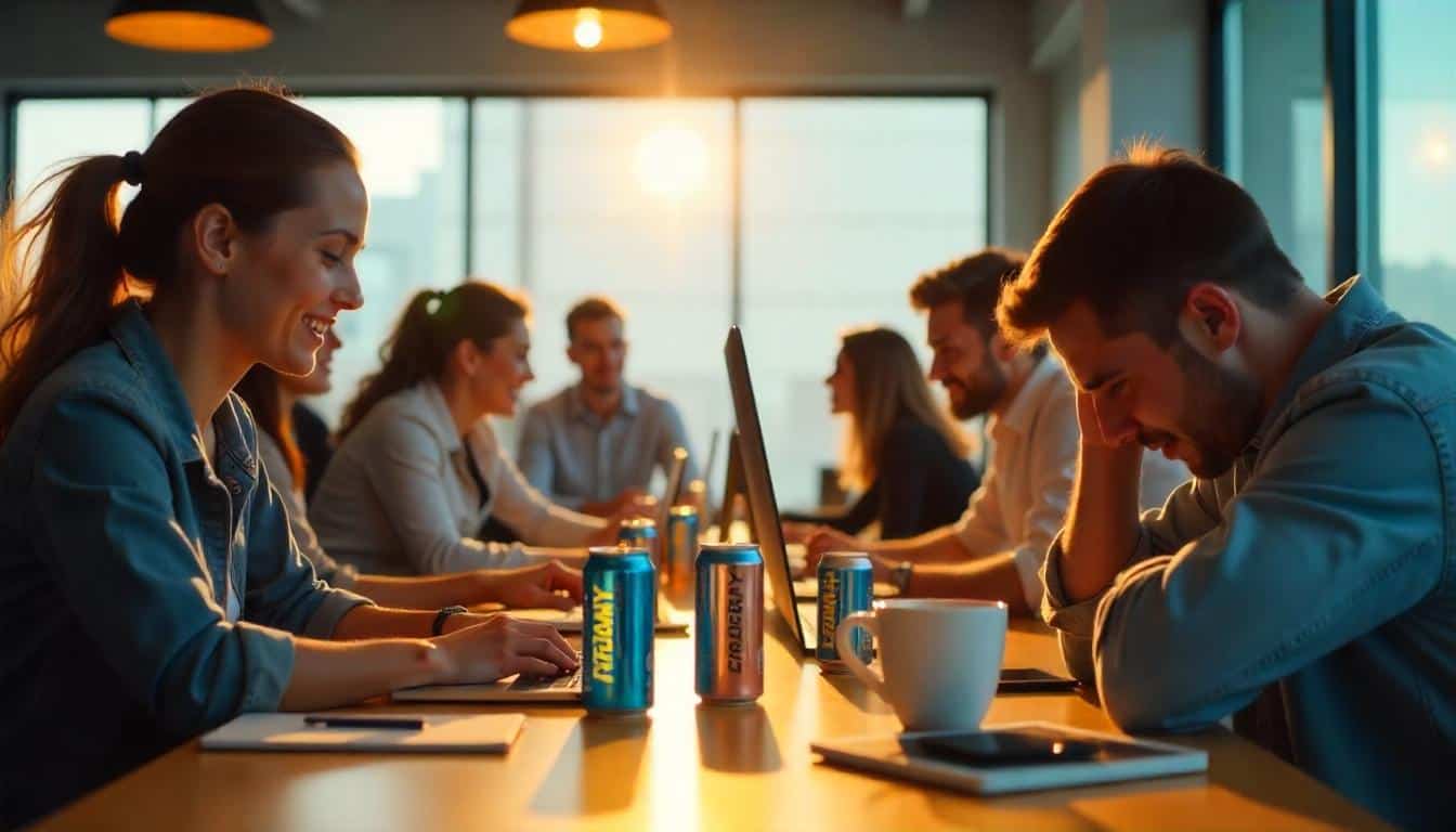 Group of coworkers enjoying energy drinks during a productive meeting, contrasting with a fatigued coffee drinker; visual proof of why energy drinks are better than coffee.