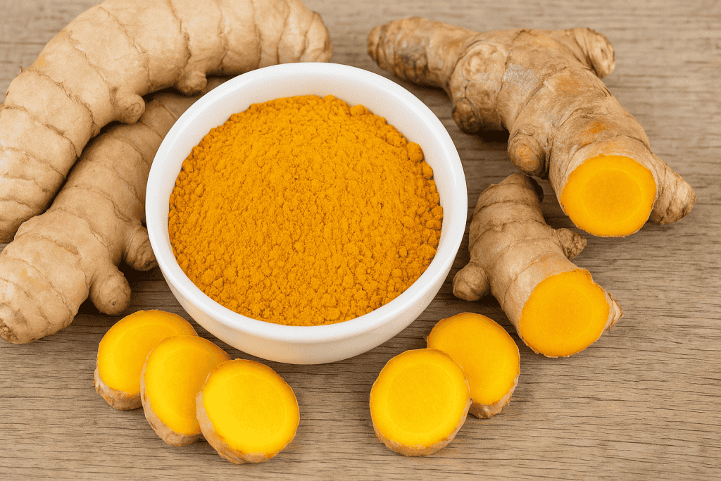 "Turmeric powder with whole turmeric rhizomes, ginger roots, and fresh slices displayed on rustic wood."