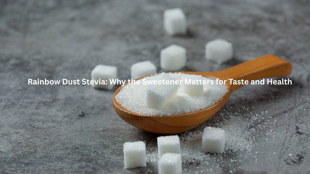 "Close-up of sugar cubes and granulated sugar in a wooden spoon with scattered crystals around."