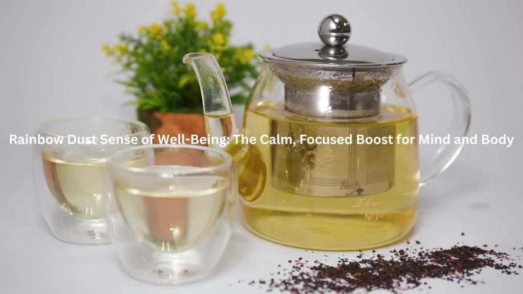 "Freshly brewed light herbal tea served in a clear glass teapot and matching cups beside green plant decor."