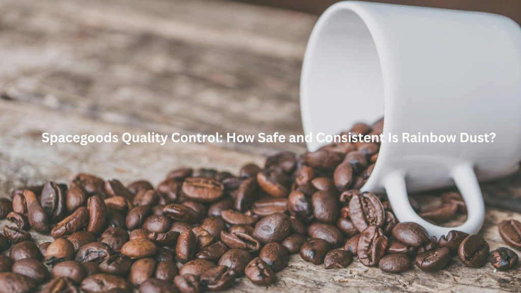 "Brown coffee beans scattered from a tipped-over white mug on wooden table background."