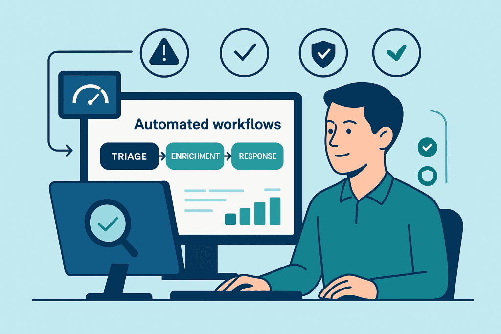 Managed SOAR Platform Benefits That Boost Your SOC 4 Managed SOAR platform benefits that boost your SOC: analyst monitoring automated triage, enrichment, and response workflow