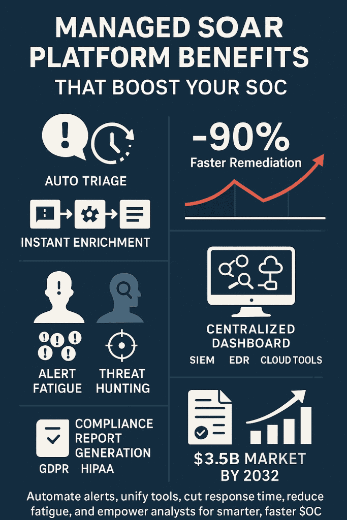 Managed SOAR Platform Benefits That Boost Your SOC 2 Managed SOAR platform benefits that boost your SOC: auto triage, faster remediation, threat hunting, compliance reporting