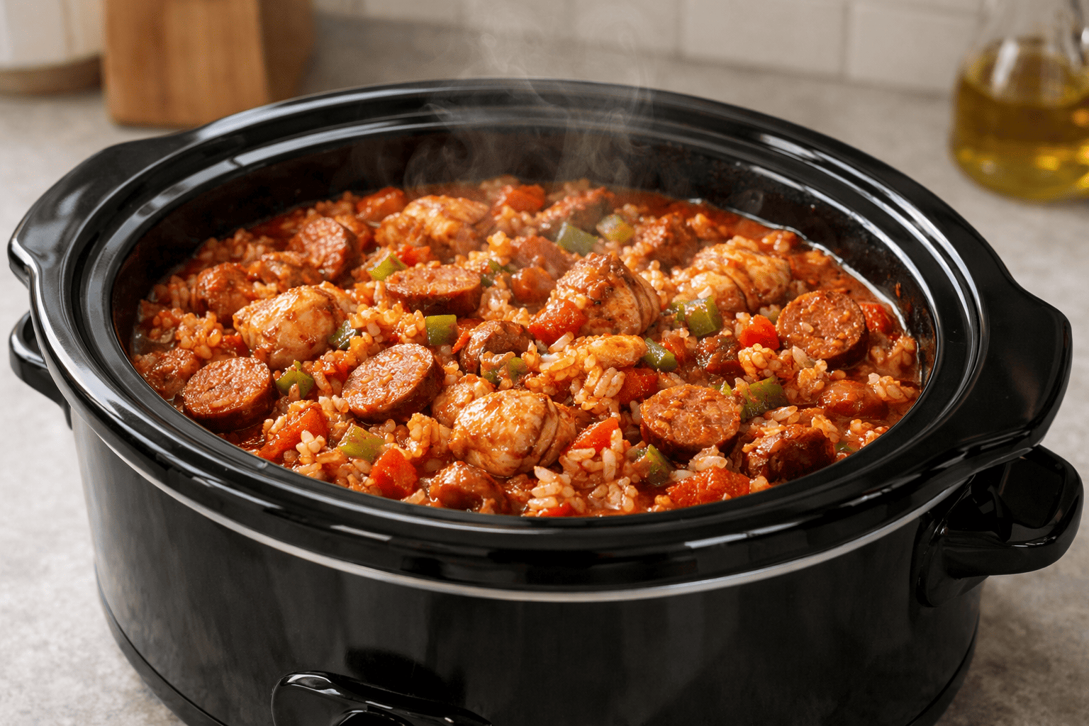 Sizzling chicken and sausage jambalaya simmering in a black instant pot, ready to be savored.