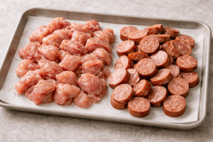 Raw chicken chunks and sliced sausages on a baking tray, ready for cooking.