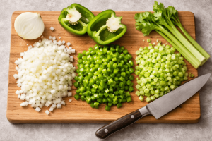 The image shows various chopped vegetables including onions, bell peppers, and celery on a wooden cutting board, suggesting ingredients for a dish like chicken and sausage jambalaya made in an Instant Pot.