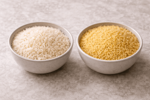 Two bowls of white and yellow rice, suggesting ingredients for a chicken and sausage jambalaya dish prepared in an Instant Pot.