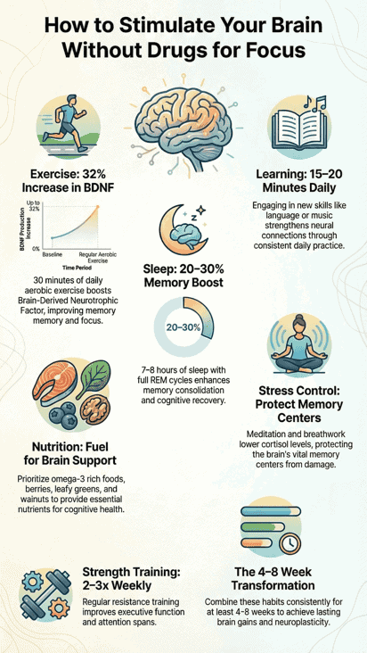 An infographic outlining natural methods to boost brain function, including exercise, sleep, learning, nutrition, and stress management.