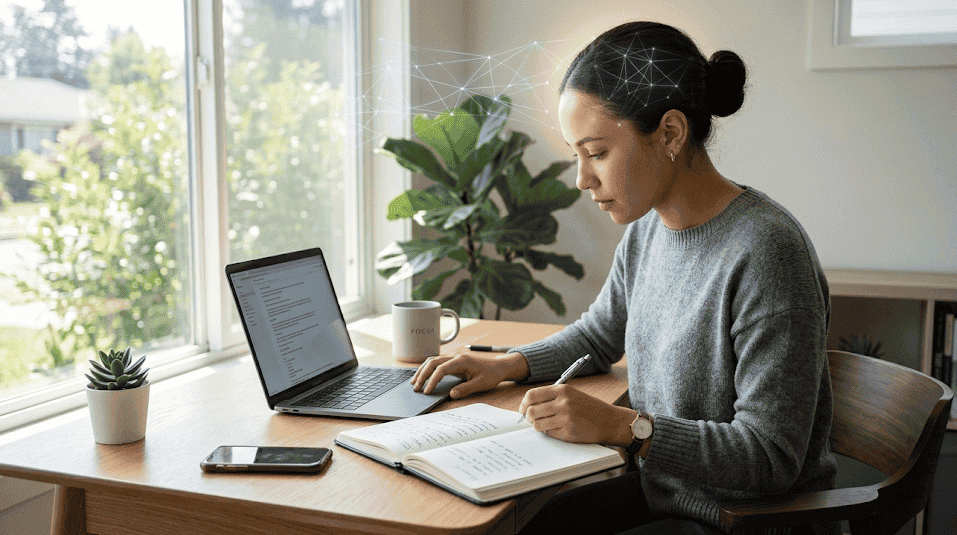 A woman engages in focused learning and cognitive exercises on her laptop, demonstrating intellectual and mental stimulation.