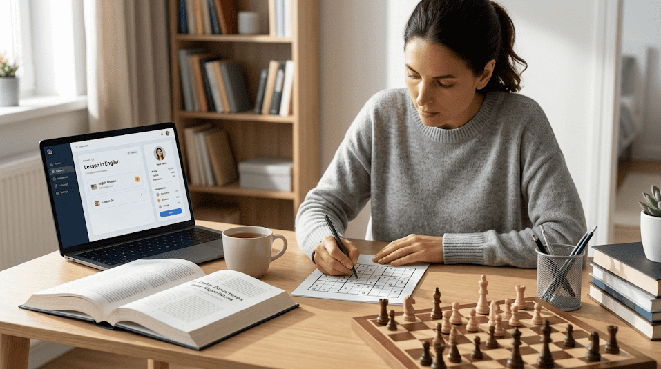 How Can I Stimulate My Brain Without Drugs? A woman engages in intellectual activities like studying, solving puzzles, and using language learning software, promoting cognitive stimulation.