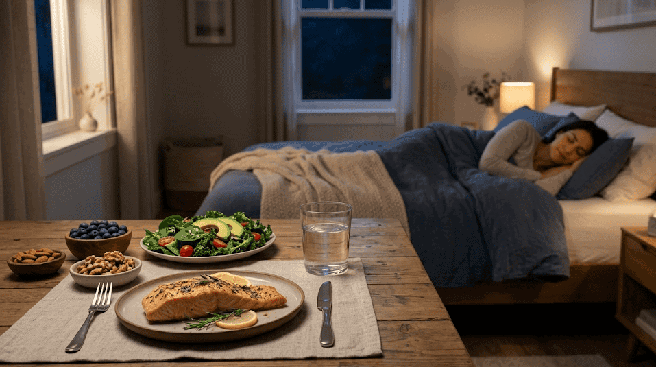 A restful bedroom scene with a healthy meal, suggesting natural ways to support brain function through diet and sleep.