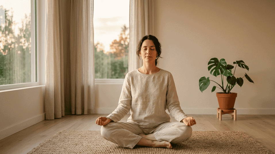 A woman practices mindful meditation in a tranquil home environment, highlighting natural methods of cognitive and mental stimulation.